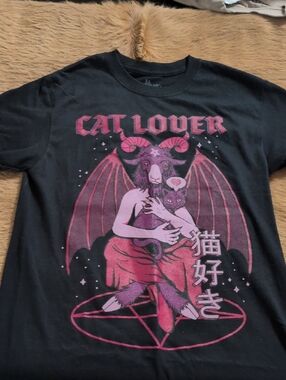 Threadless Black Tee with Pink Cat Demon Graphic